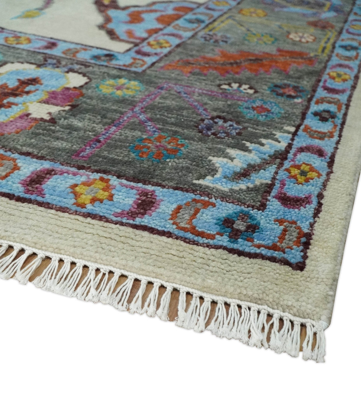 Hand Knotted Ivory and Gray Traditional Oushak Multi Size Wool Area Rug