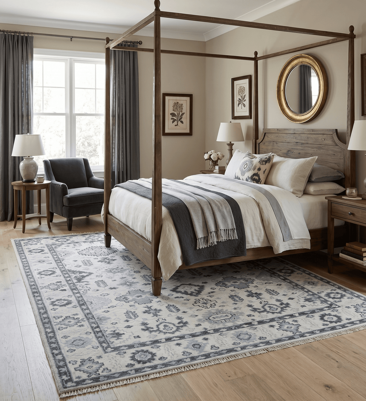 Hand Knotted Ivory And Gray Turkish Design Wool Area Rug