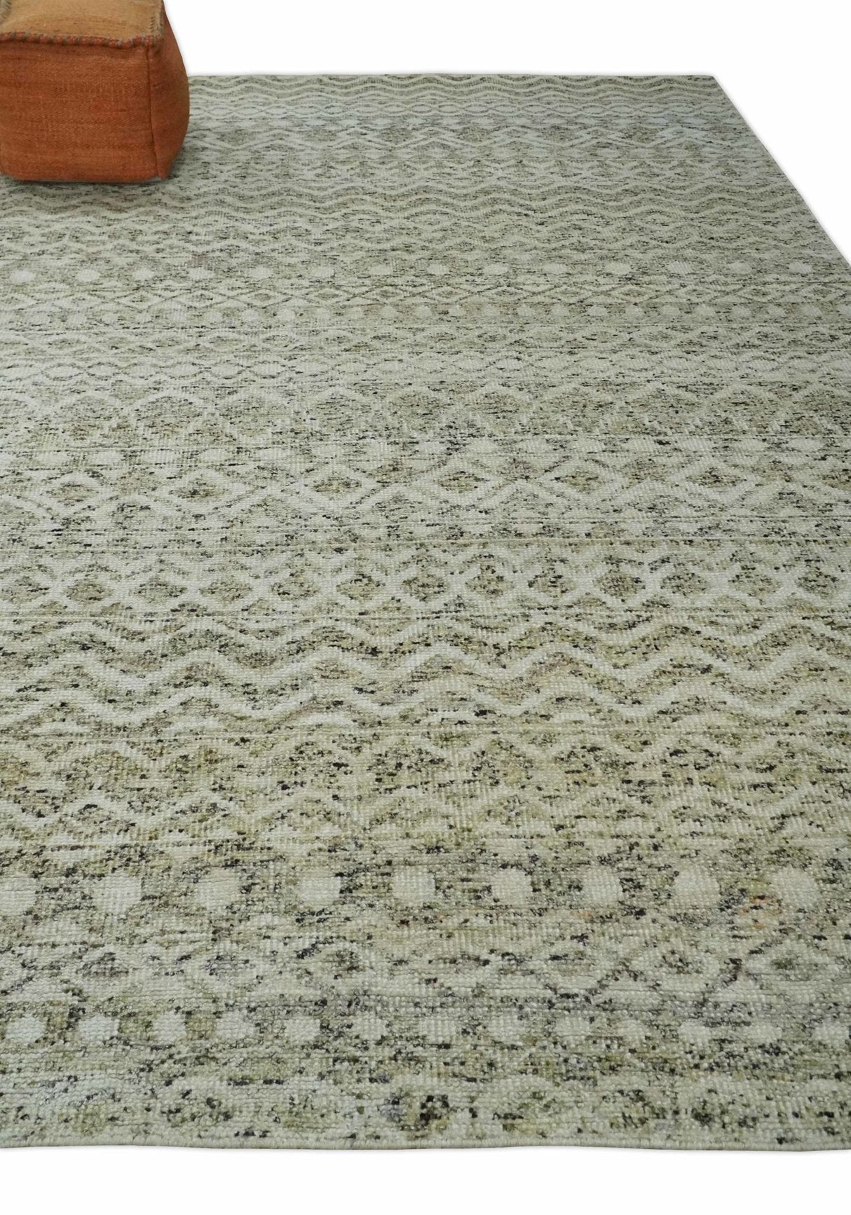 Hand Knotted Ivory, Beige and Brown Modern Contemporary Southwestern Tribal Trellis Recycled Silk Area Rug