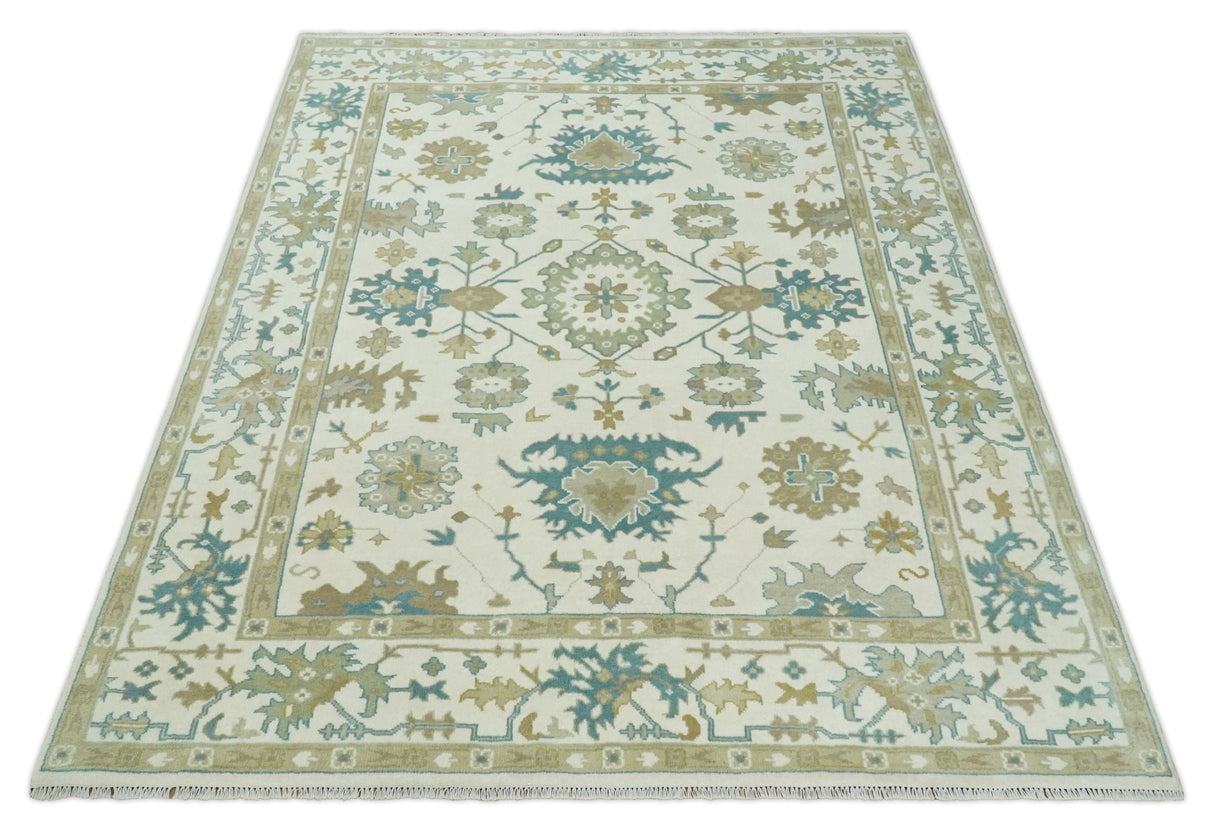 Hand Knotted Ivory, Beige and Teal Traditional Oushak Wool Area Rug