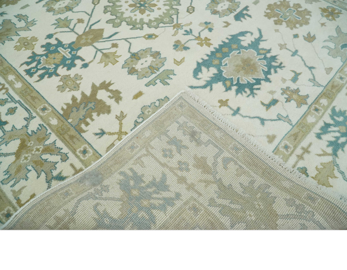 Hand Knotted Ivory, Beige and Teal Traditional Oushak Wool Area Rug