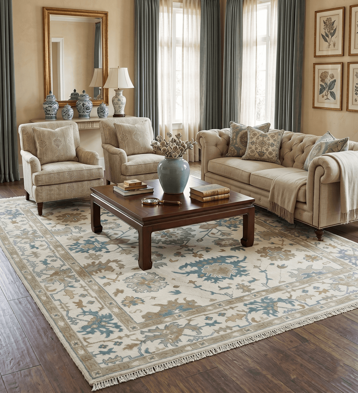 Hand Knotted Ivory, Beige and Teal Traditional Oushak Wool Area Rug