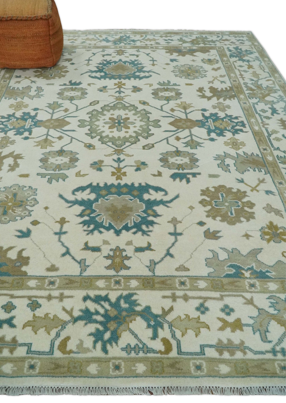 Hand Knotted Ivory, Beige and Teal Traditional Oushak Wool Area Rug