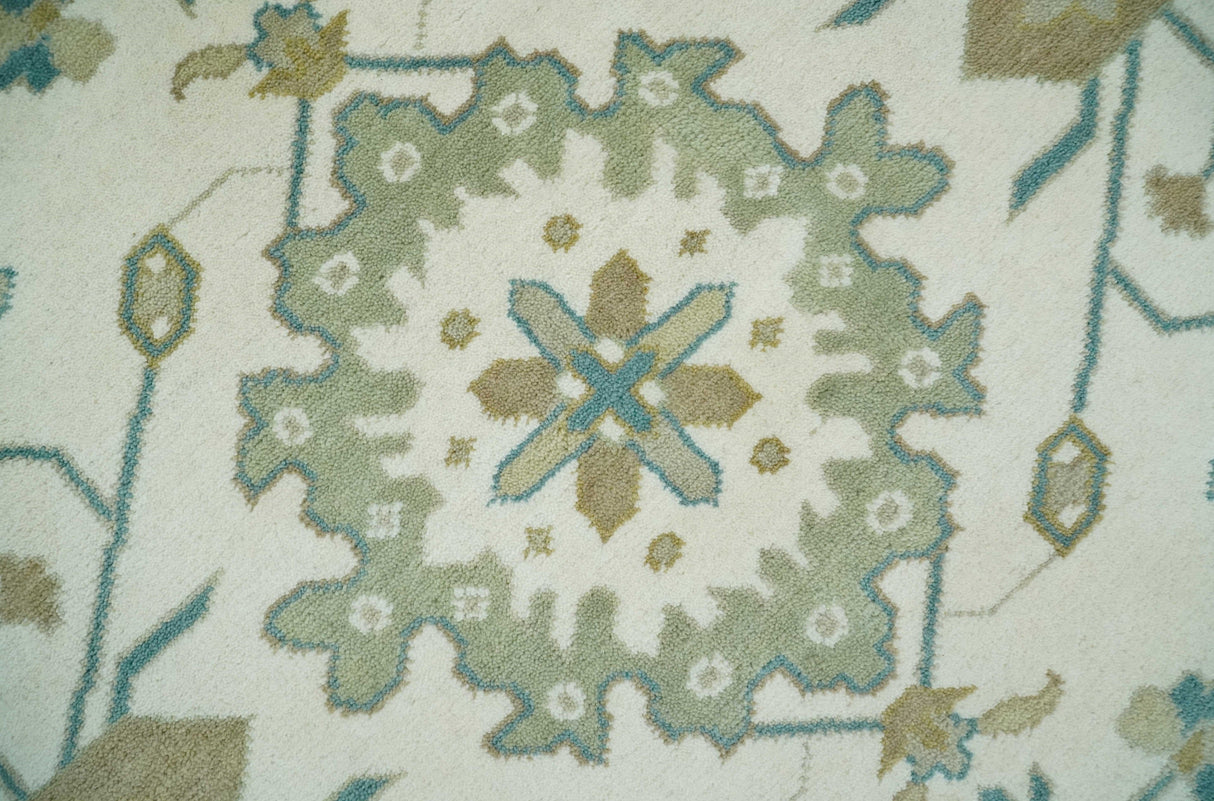 Hand Knotted Ivory, Beige and Teal Traditional Oushak Wool Area Rug