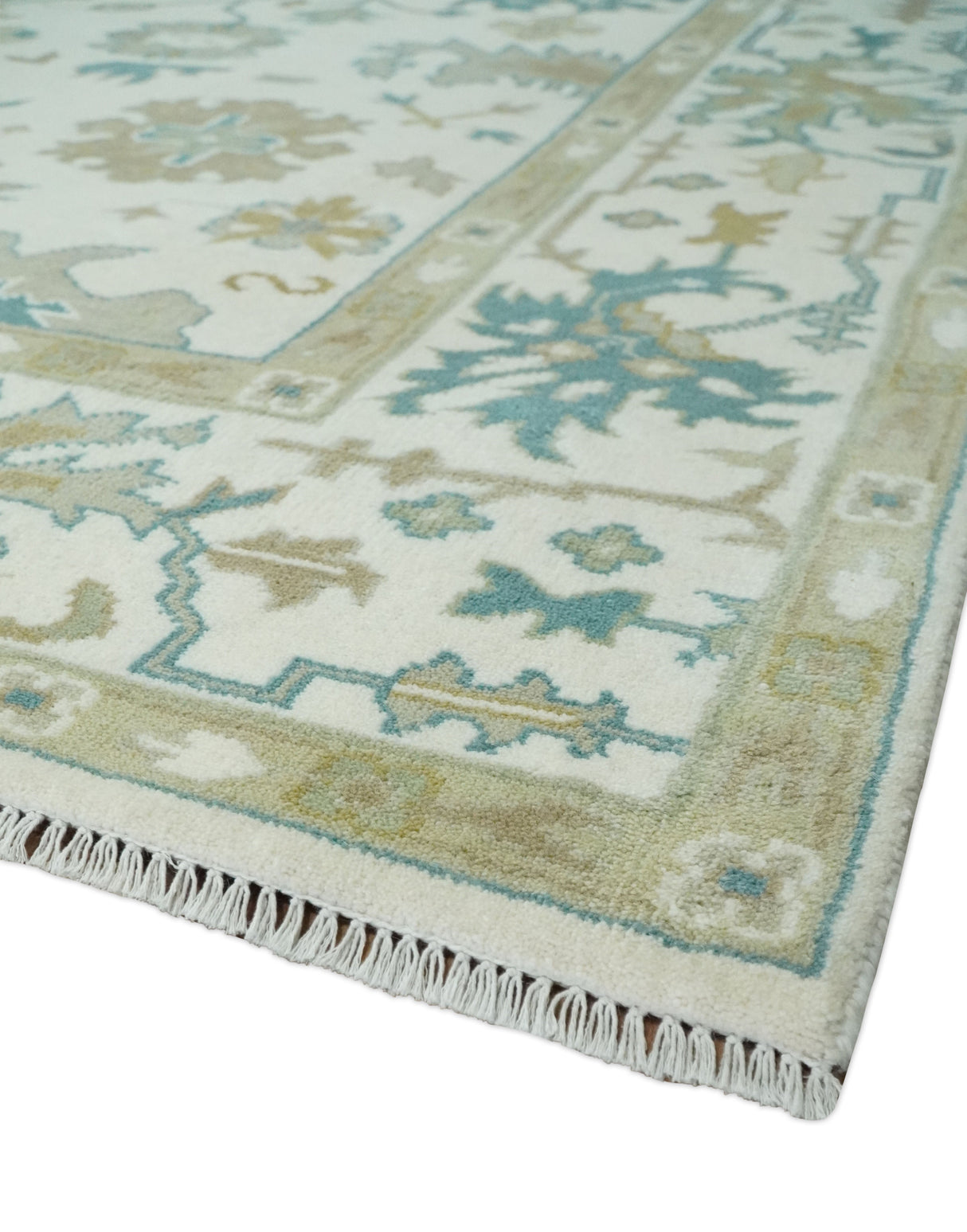 Hand Knotted Ivory, Beige and Teal Traditional Oushak Wool Area Rug