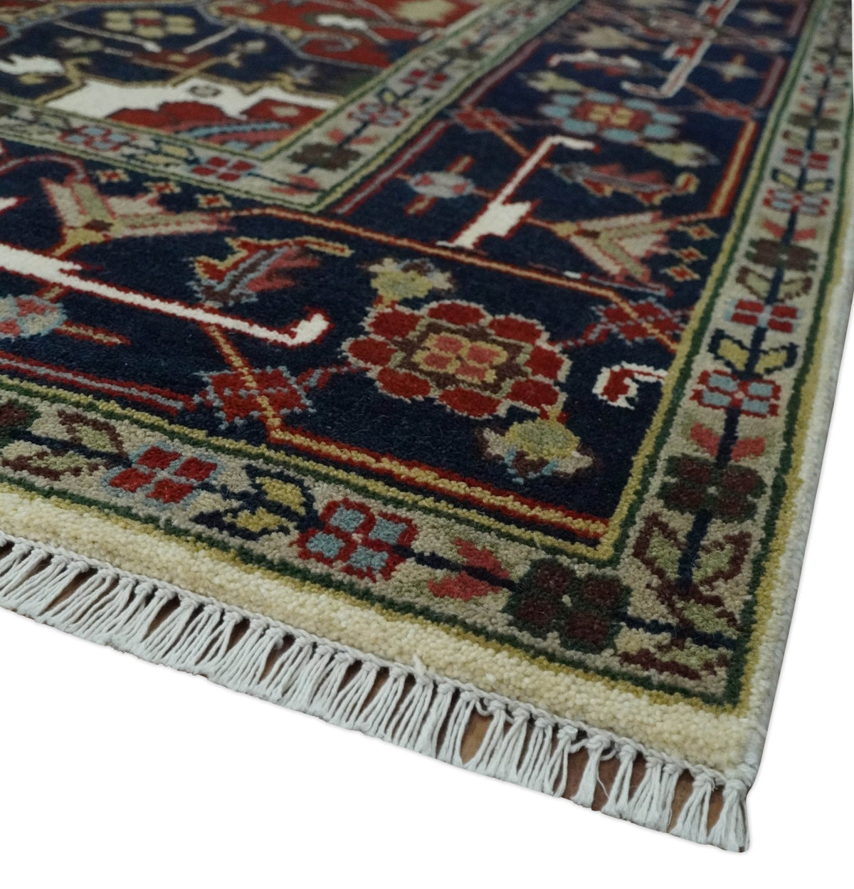 Hand Knotted Ivory, Brown and Blue Traditional Antique Style Wool Area Rug
