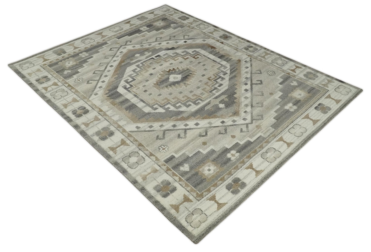 Hand Knotted Ivory, Charcoal and Beige Traditional Medallion Natural Wool Custom Made Area Rug, Kids, Living Room and Bedroom Rug-Parc Decor