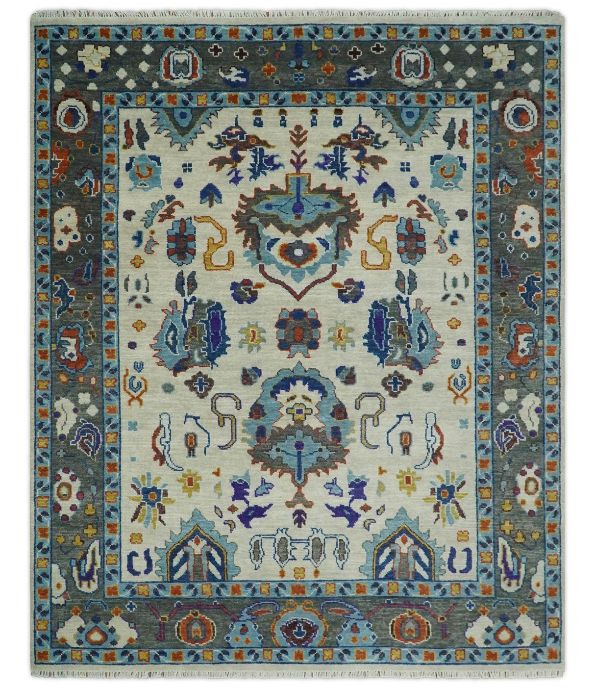 Hand Knotted Ivory, Charcoal and Blue Traditional Oushak Multi size Wool Area Rug