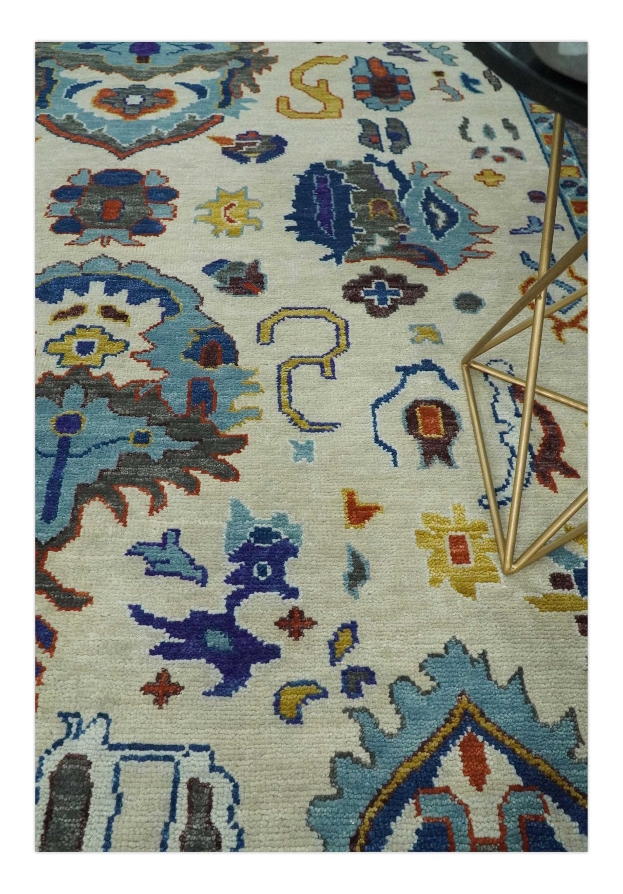 Hand Knotted Ivory, Charcoal and Blue Traditional Oushak Multi size Wool Area Rug