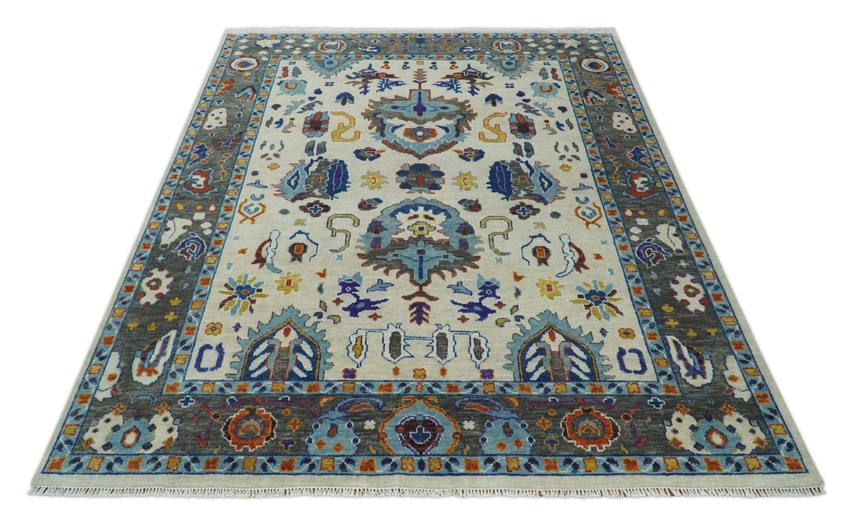 Hand Knotted Ivory, Charcoal and Blue Traditional Oushak Multi size Wool Area Rug