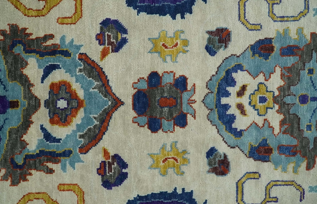 Hand Knotted Ivory, Charcoal and Blue Traditional Oushak Multi size Wool Area Rug