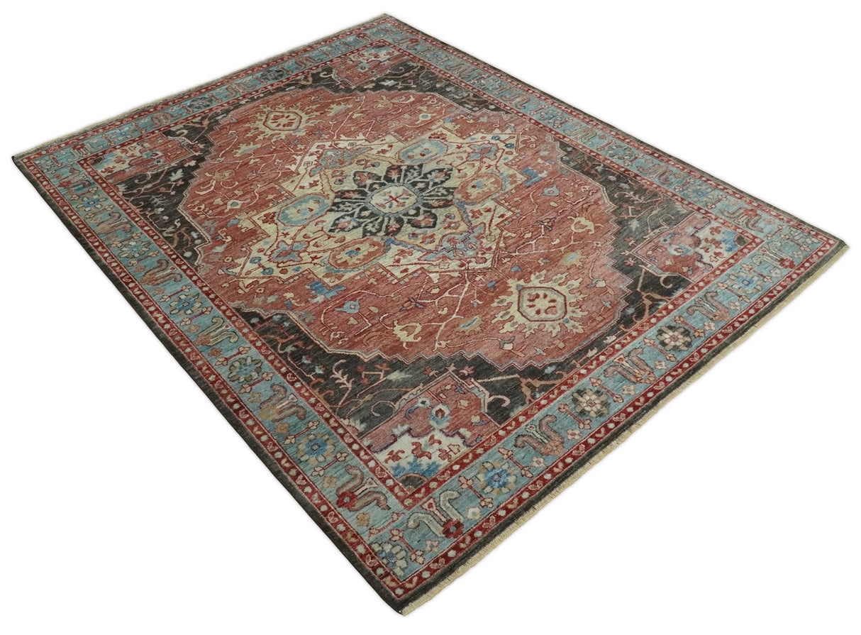 Hand Knotted Ivory, Rust and Blue Antique Persian Heriz Serapi Wool Rug