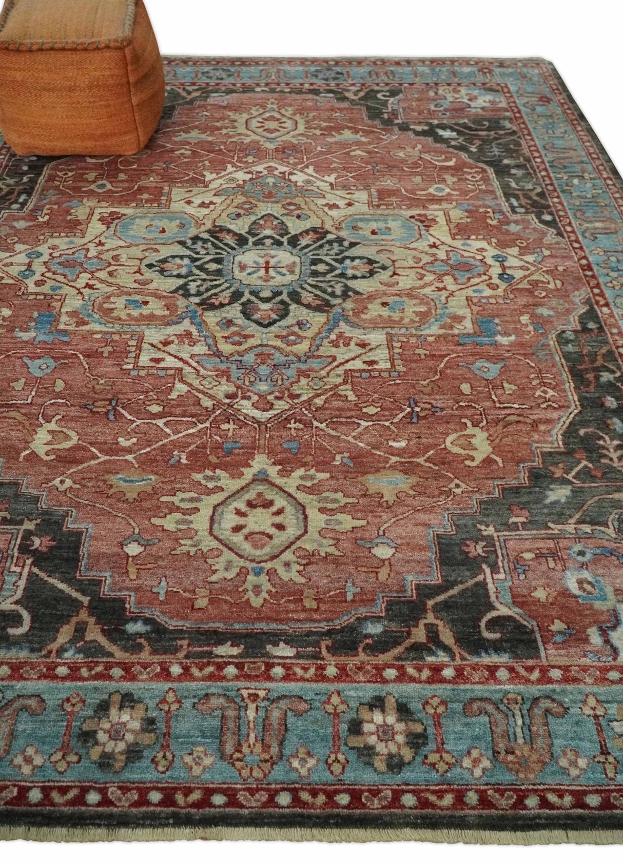 Hand Knotted Ivory, Rust and Blue Antique Persian Heriz Serapi Wool Rug
