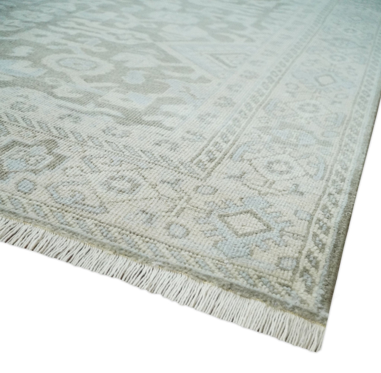 Hand Knotted Low Pile 8x10 Brown, Ivory and Blue Traditional Design Wool Area Rug
