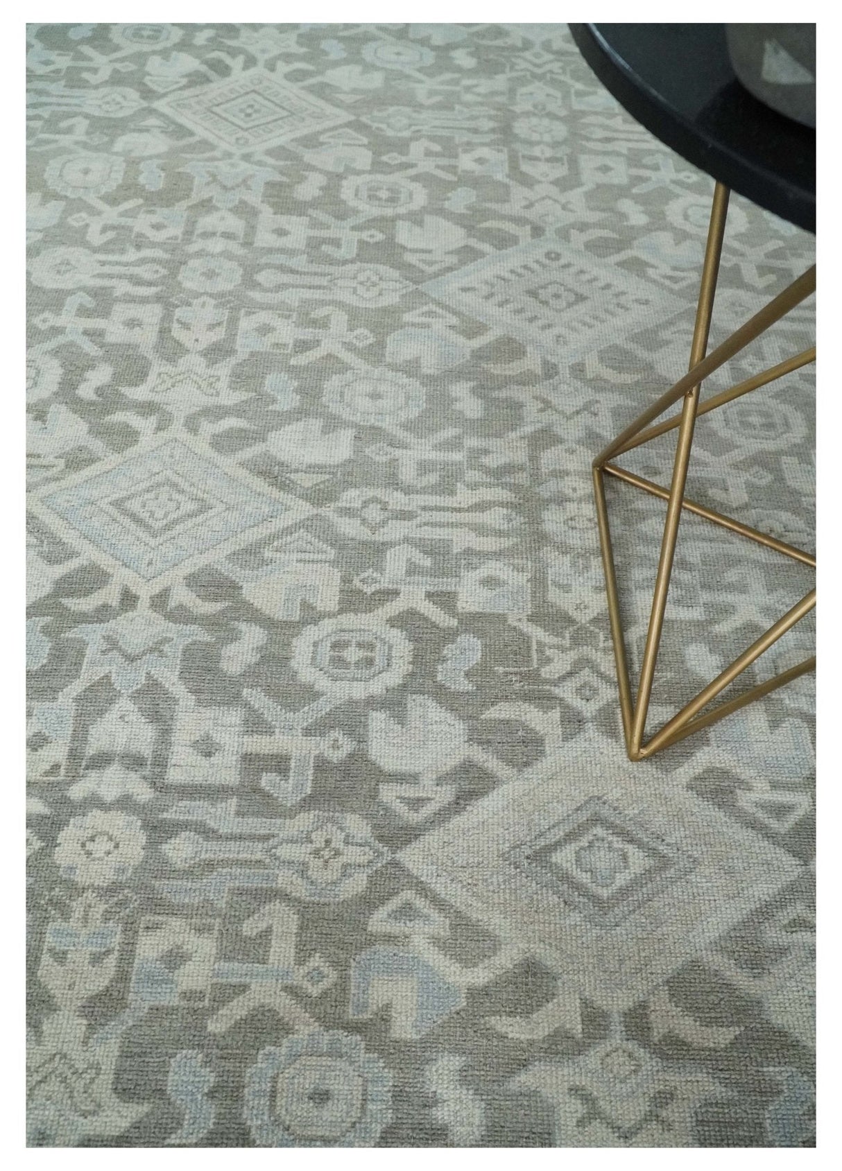 Hand Knotted Low Pile 8x10 Brown, Ivory and Blue Traditional Design Wool Area Rug