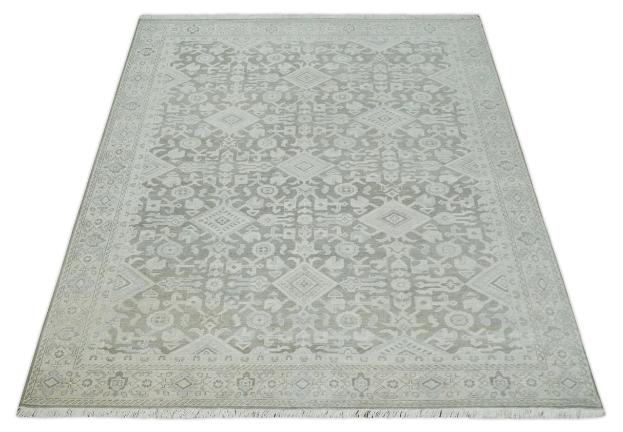 Hand Knotted Low Pile 8x10 Brown, Ivory and Blue Traditional Design Wool Area Rug
