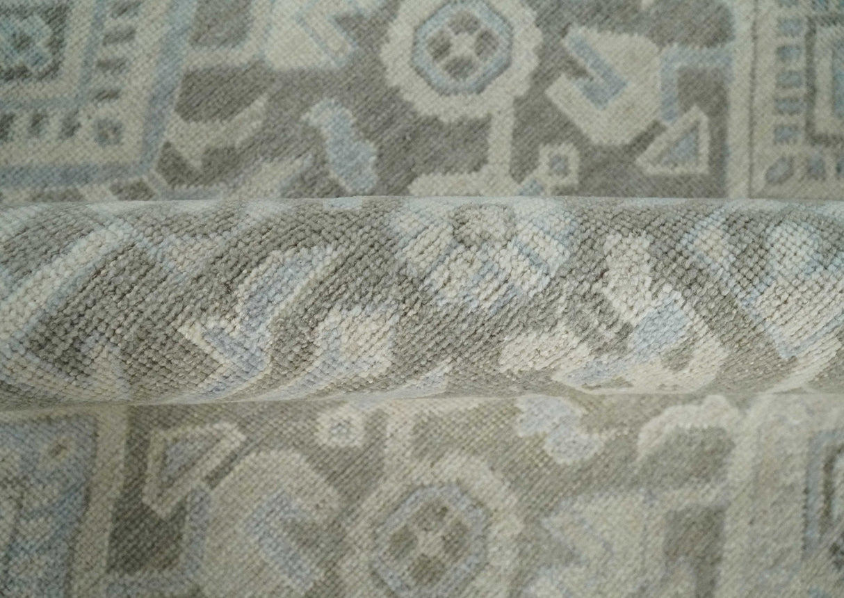 Hand Knotted Low Pile 8x10 Brown, Ivory and Blue Traditional Design Wool Area Rug