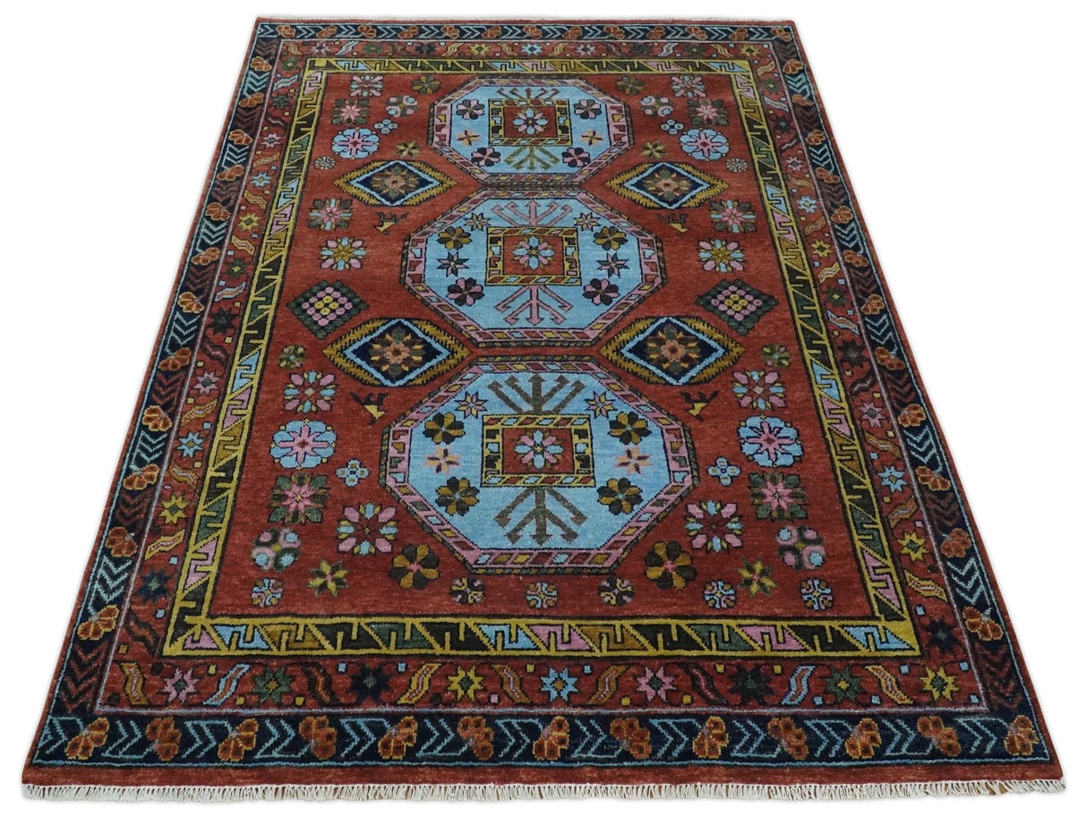 Hand Knotted Maroon and Blue Traditional Antique look Multi Size Wool Area Rug