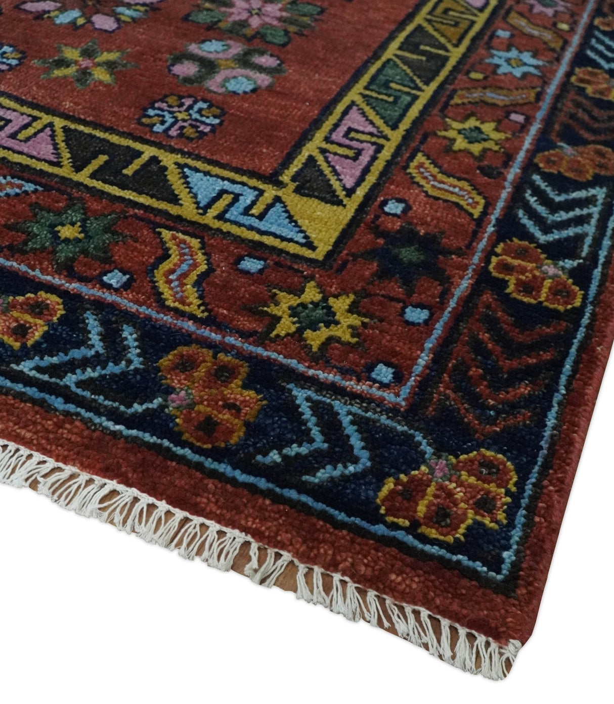 Hand Knotted Maroon and Blue Traditional Antique look Multi Size Wool Area Rug
