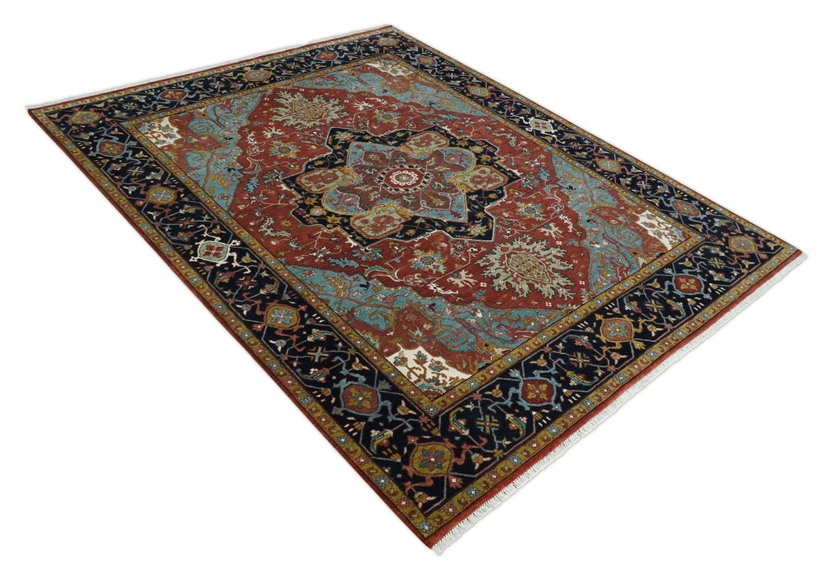 Hand Knotted Maroon And Blue Traditional Heriz Custom Made Wool Area Rug