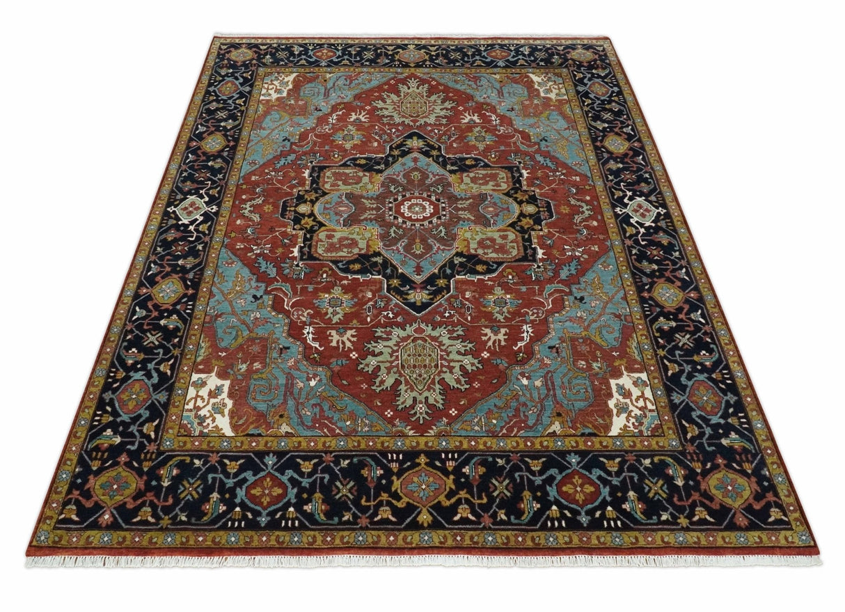 Hand Knotted Maroon And Blue Traditional Heriz Custom Made Wool Area Rug
