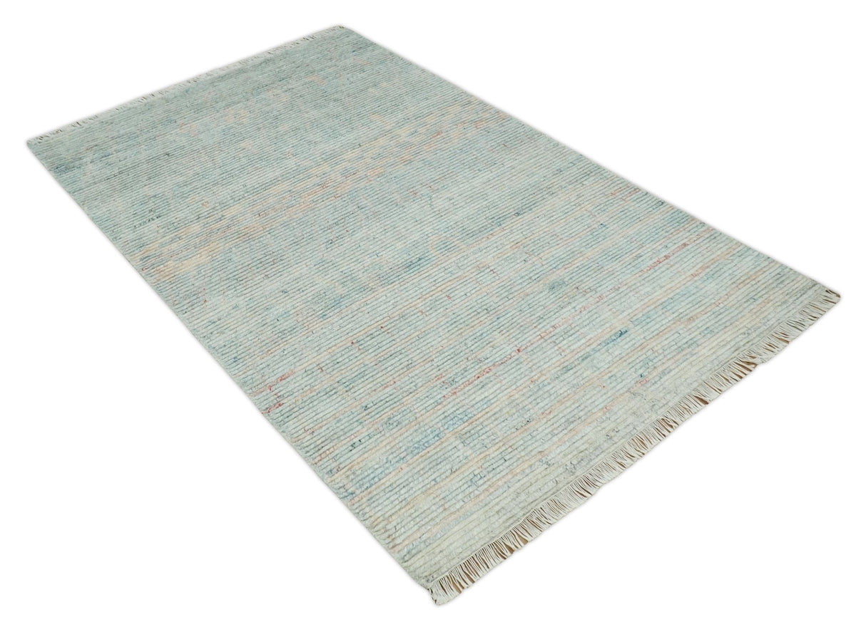 Hand Knotted Modern Abstract Blue and Peach Trellis Moroccan Blended Wool Area Rug