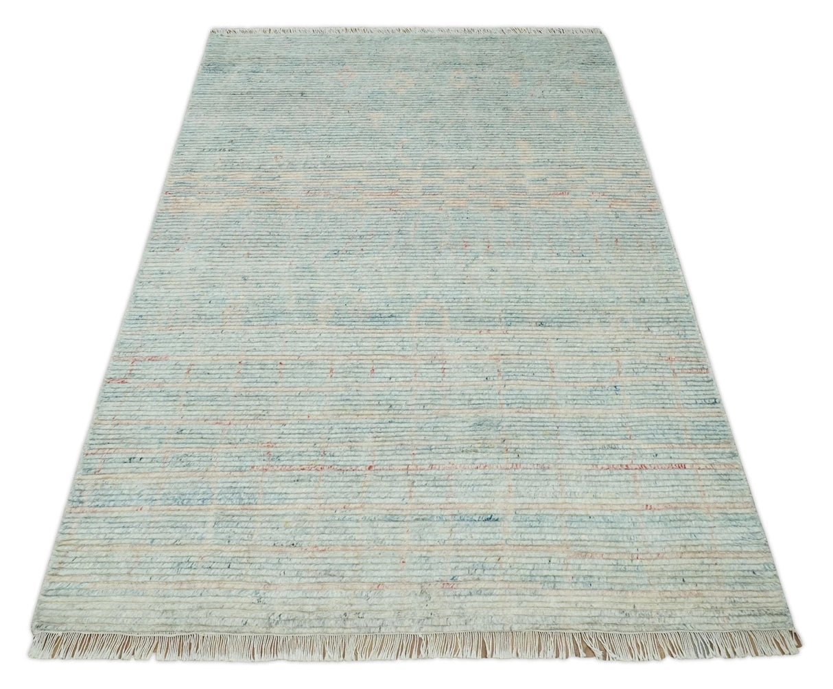 Hand Knotted Modern Abstract Blue and Peach Trellis Moroccan Blended Wool Area Rug