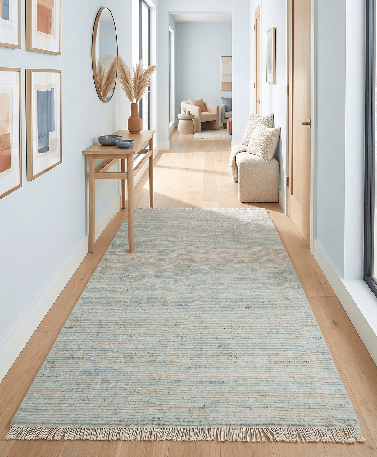 Hand Knotted Modern Abstract Blue and Peach Trellis Moroccan Blended Wool Area Rug