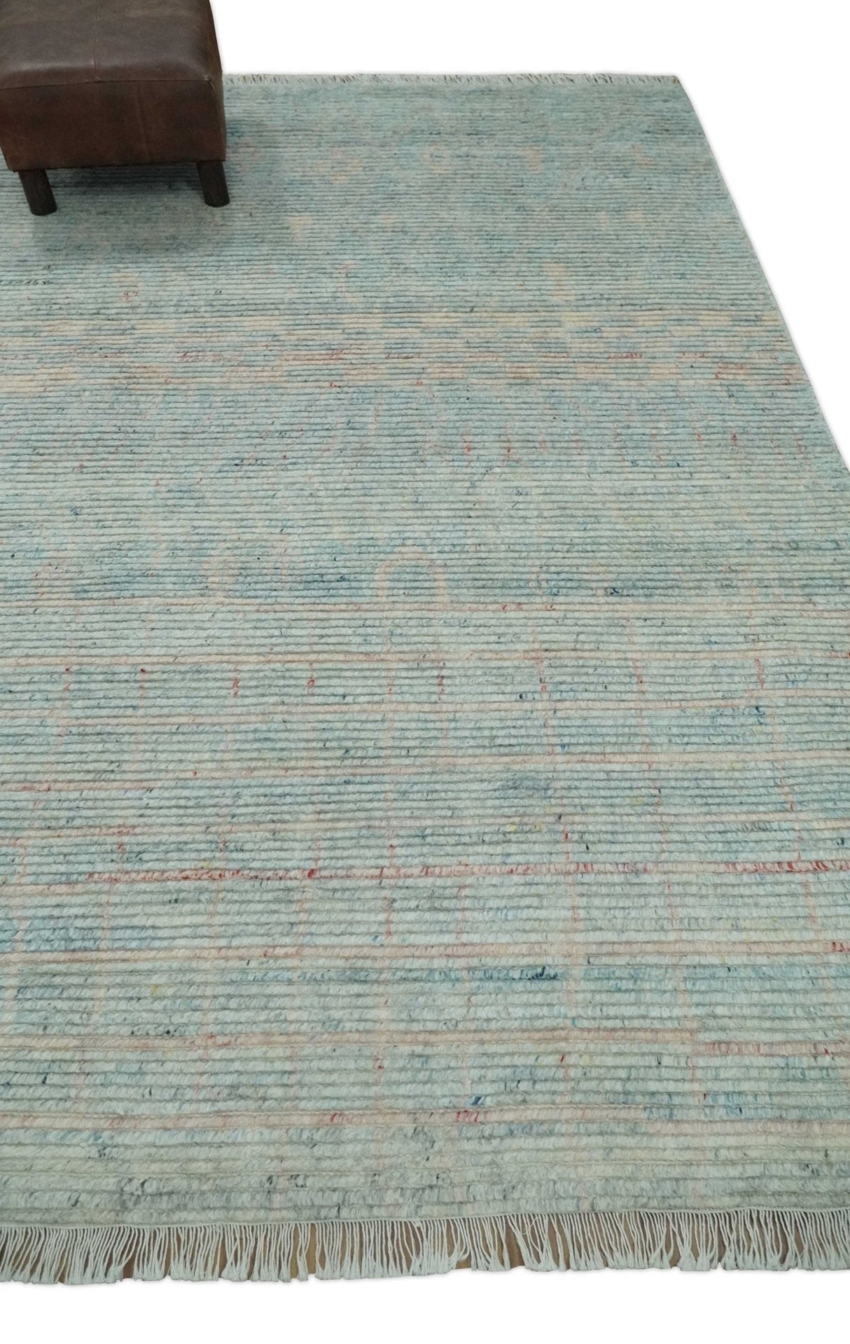 Hand Knotted Modern Abstract Blue and Peach Trellis Moroccan Blended Wool Area Rug