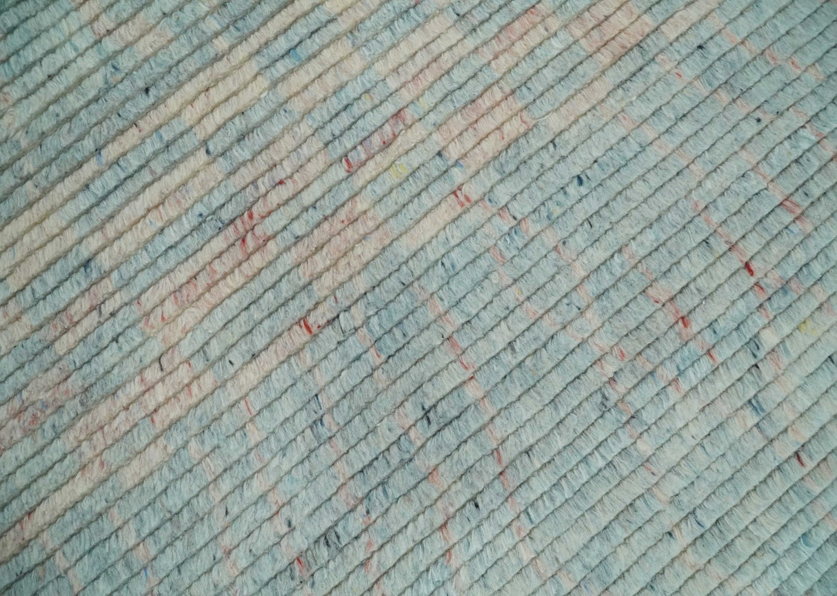 Hand Knotted Modern Abstract Blue and Peach Trellis Moroccan Blended Wool Area Rug
