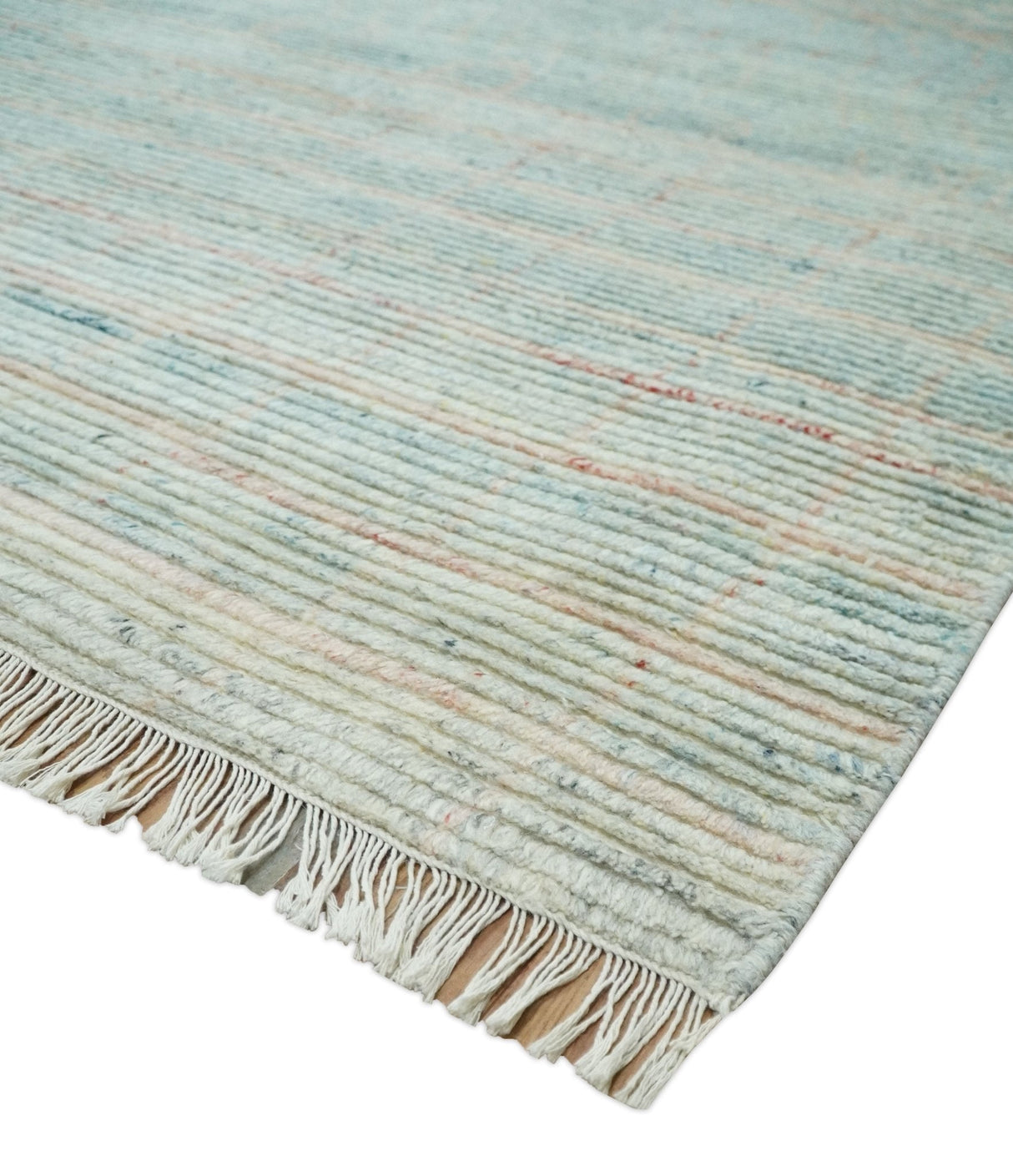 Hand Knotted Modern Abstract Blue and Peach Trellis Moroccan Blended Wool Area Rug