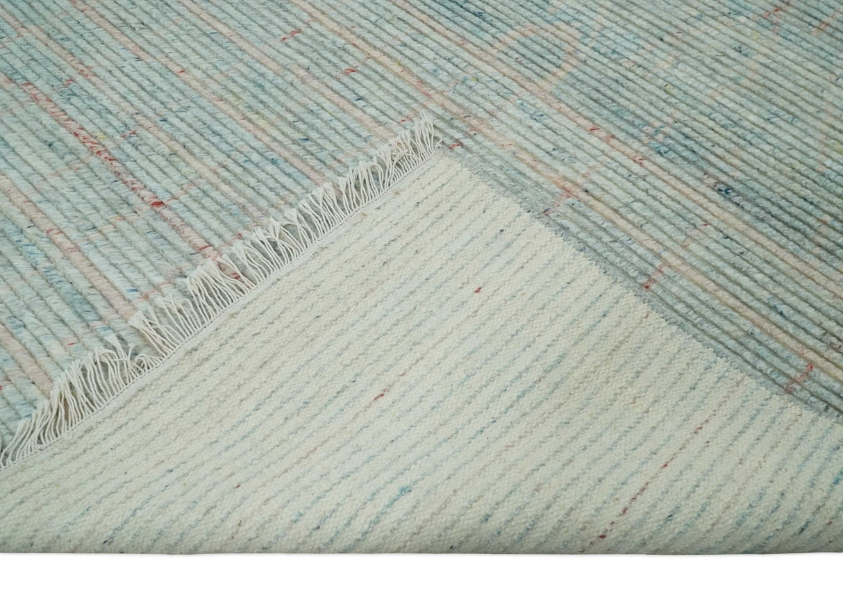 Hand Knotted Modern Abstract Blue and Peach Trellis Moroccan Blended Wool Area Rug