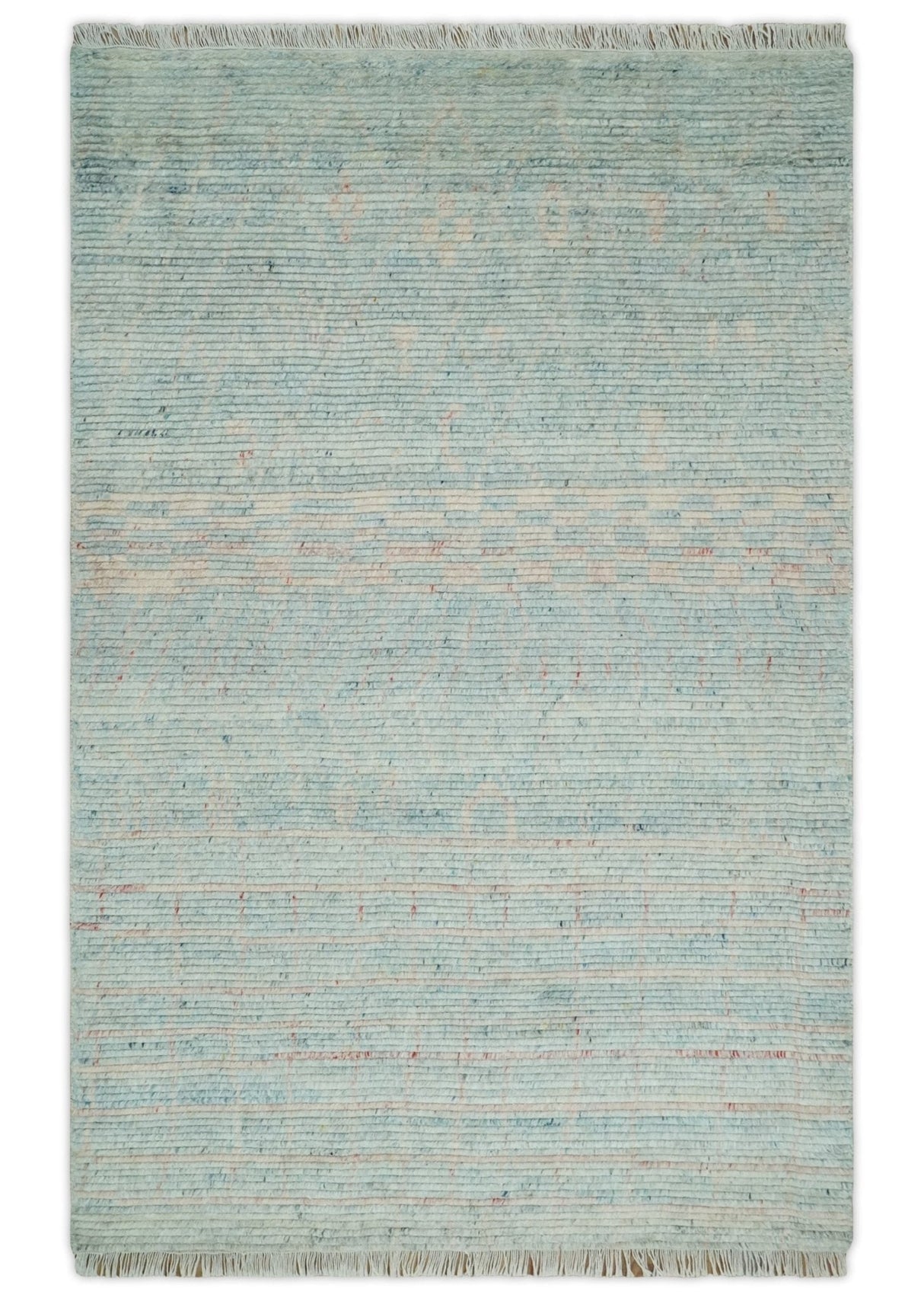 Hand Knotted Modern Abstract Blue and Peach Trellis Moroccan Blended Wool Area Rug