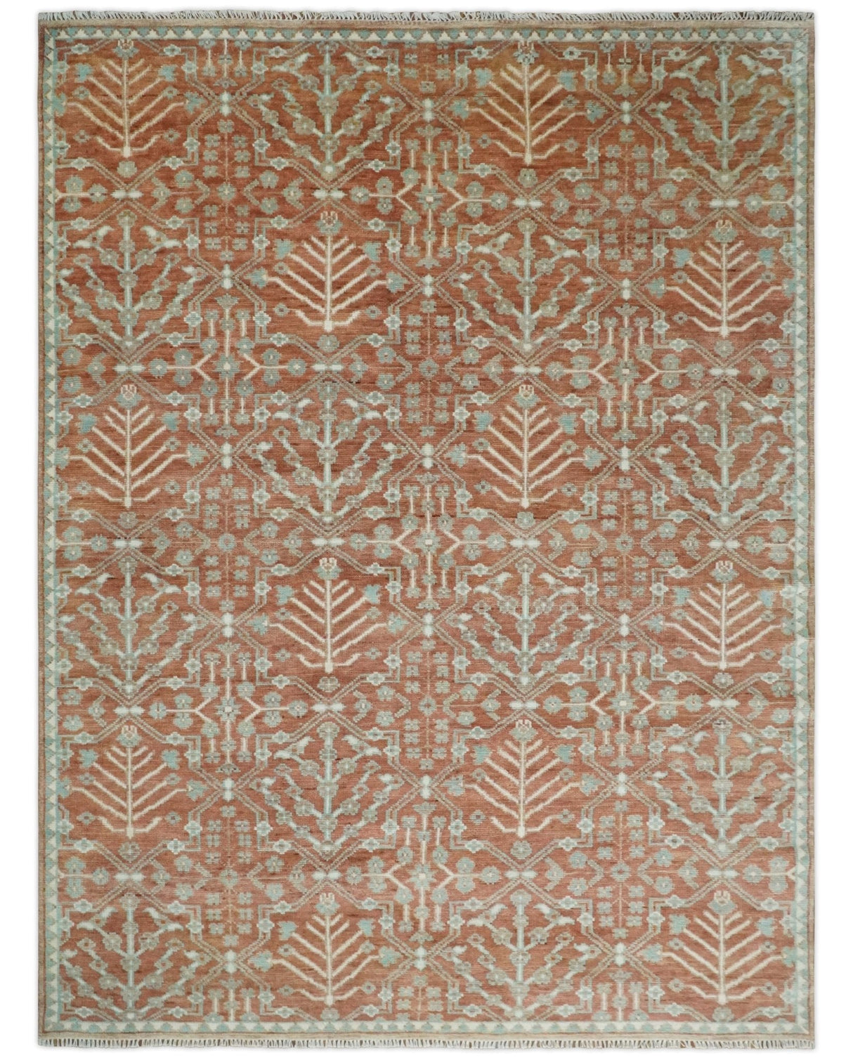Hand knotted Multi Size Rust and Aqua Floral wool Area Rug