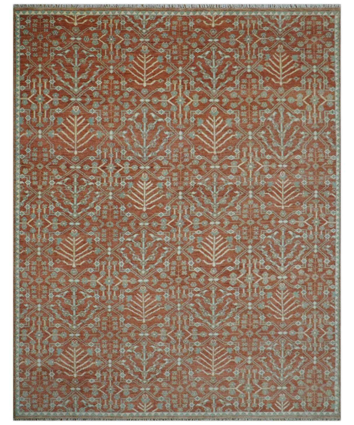 Hand knotted Multi Size Rust and Aqua Floral wool Area Rug