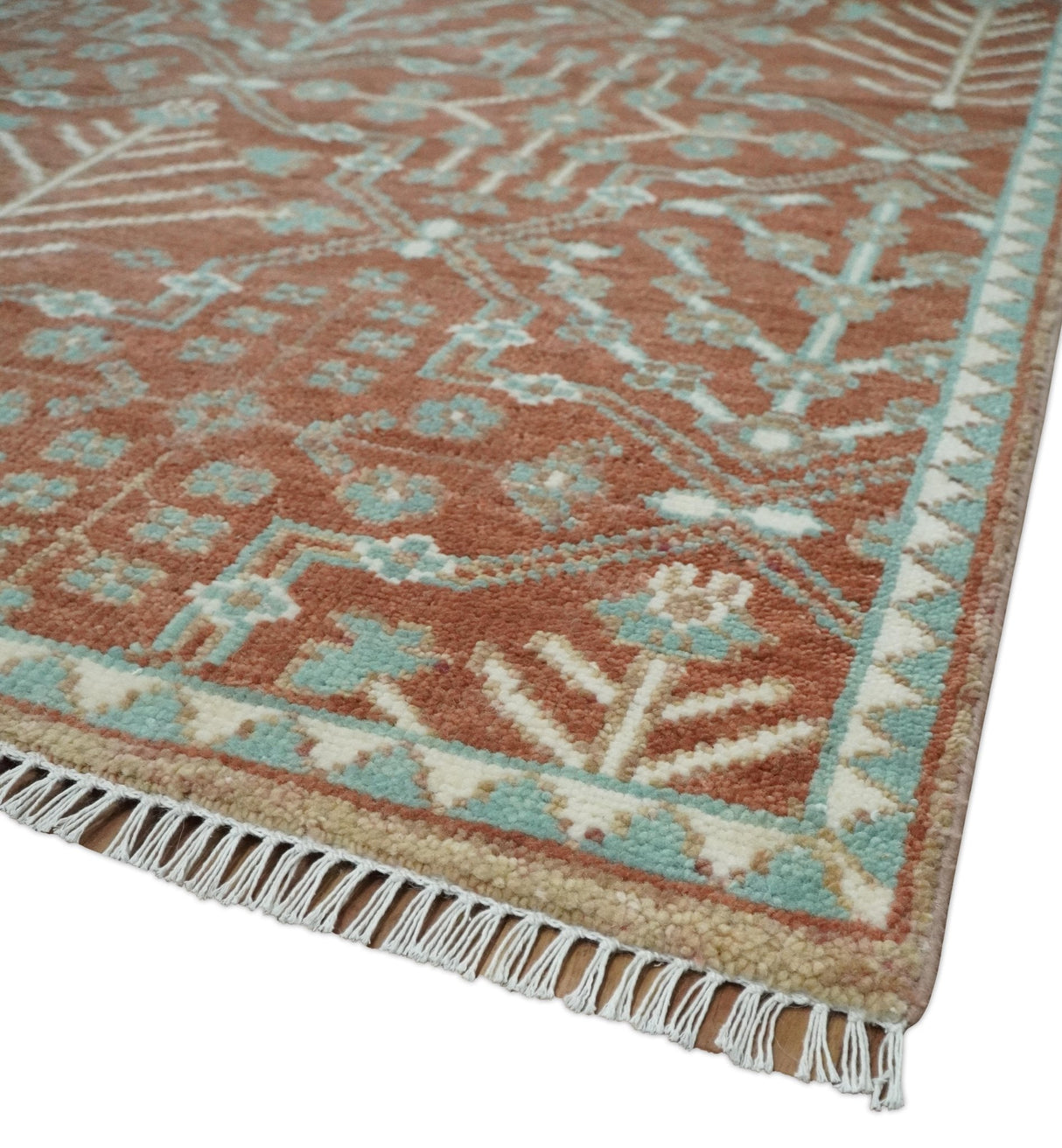 Hand knotted Multi Size Rust and Aqua Floral wool Area Rug