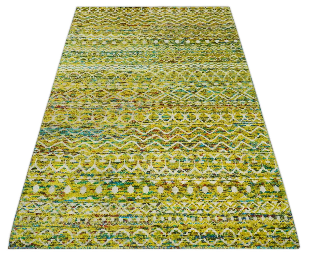 Hand Knotted Mustard, Aqua, Brown and Ivory 5.6x8.6 Modern Contemporary Southwestern Tribal Trellis Recycled Art Silk Area Rug-Area Rug-Parc Decor