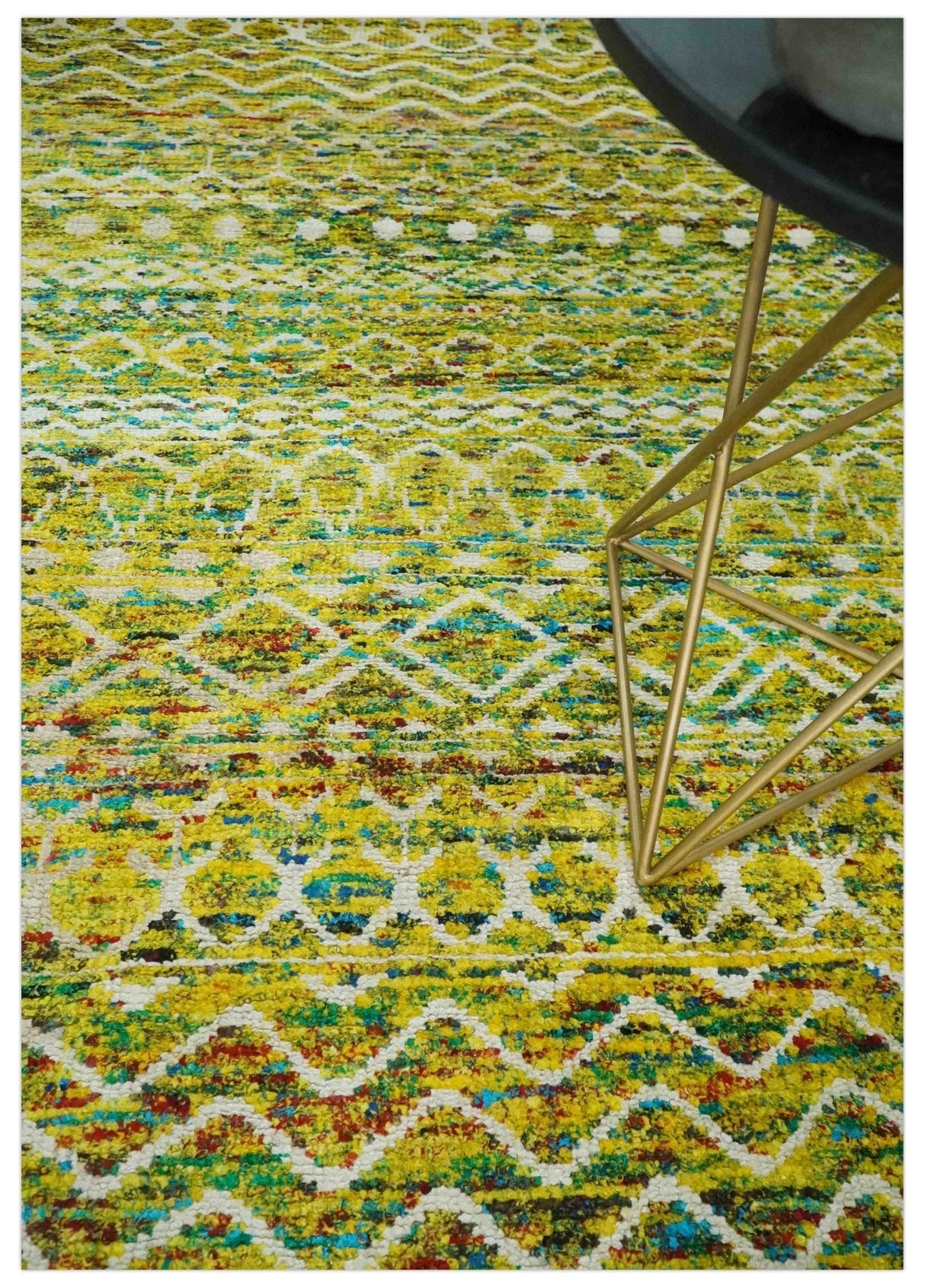 Hand Knotted Mustard, Aqua, Brown and Ivory 5.6x8.6 Modern Contemporary Southwestern Tribal Trellis Recycled Art Silk Area Rug-Area Rug-Parc Decor