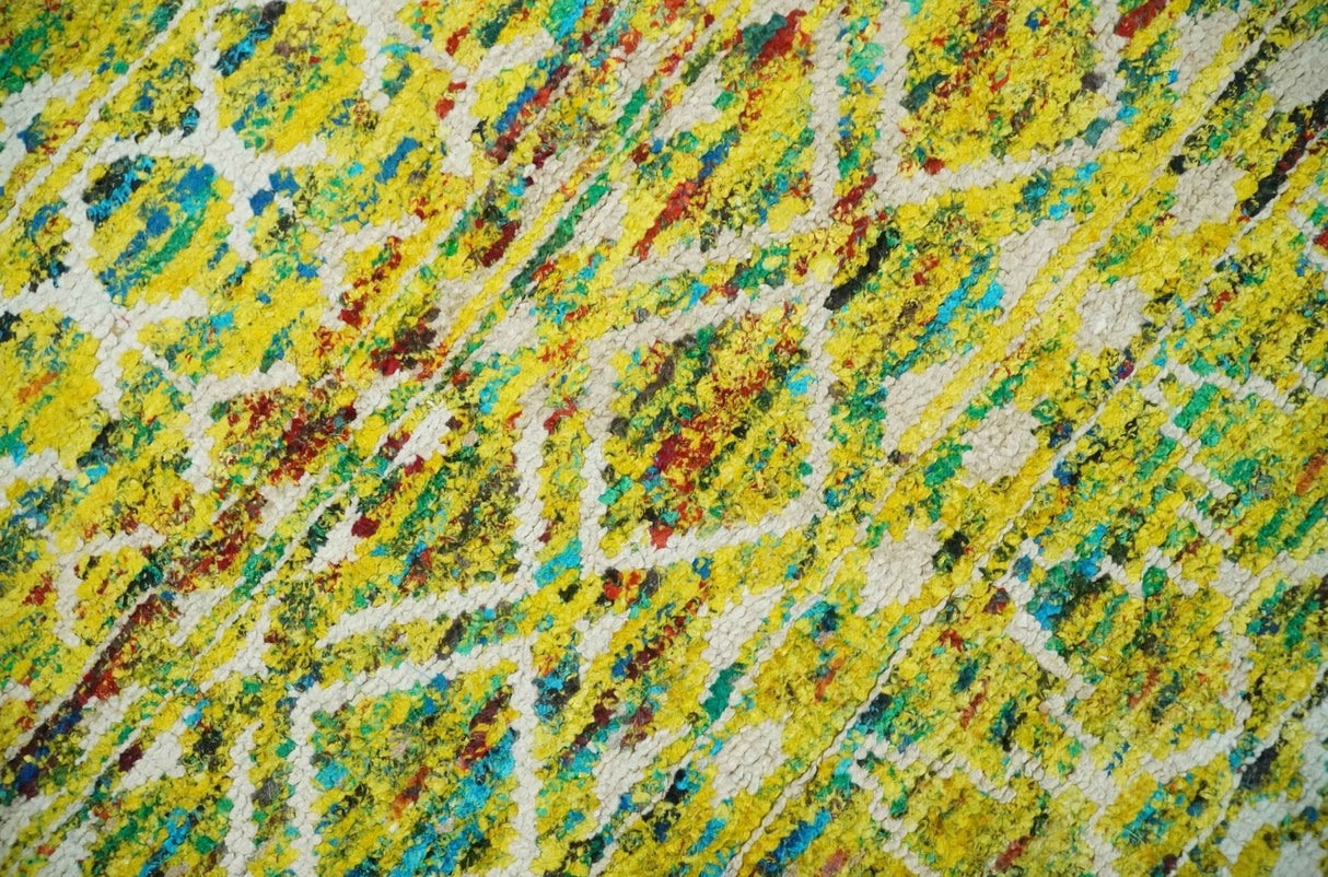 Hand Knotted Mustard, Aqua, Brown and Ivory 5.6x8.6 Modern Contemporary Southwestern Tribal Trellis Recycled Art Silk Area Rug-Area Rug-Parc Decor