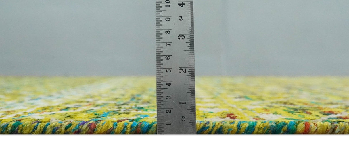 Hand Knotted Mustard, Aqua, Brown and Ivory 5.6x8.6 Modern Contemporary Southwestern Tribal Trellis Recycled Art Silk Area Rug-Area Rug-Parc Decor