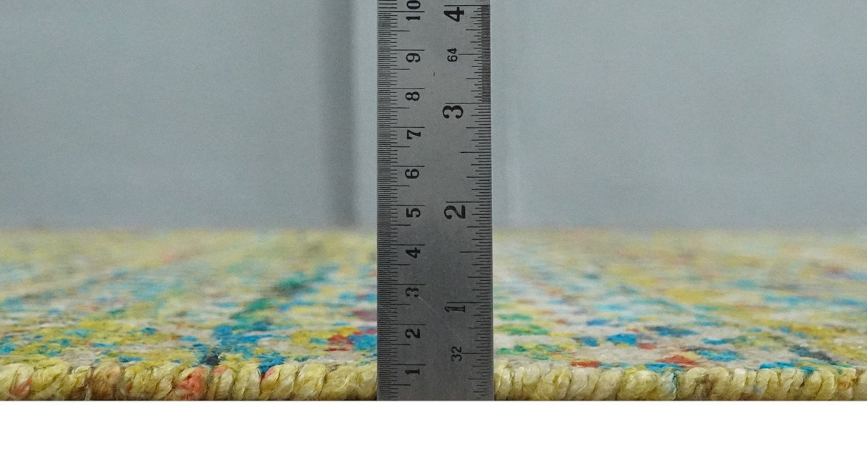 Hand Knotted Mustard, Aqua, Brown and Ivory 5.7x9 Modern Contemporary Southwestern Tribal Trellis Recycled Art Silk Area Rug-Area Rug-Parc Decor