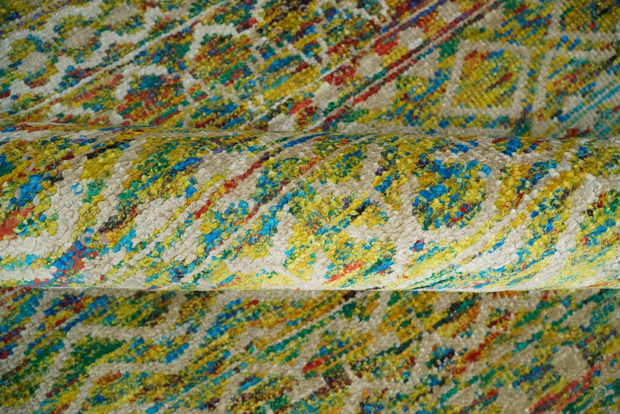 Hand Knotted Mustard, Aqua, Brown and Ivory 5.7x9 Modern Contemporary Southwestern Tribal Trellis Recycled Art Silk Area Rug-Area Rug-Parc Decor