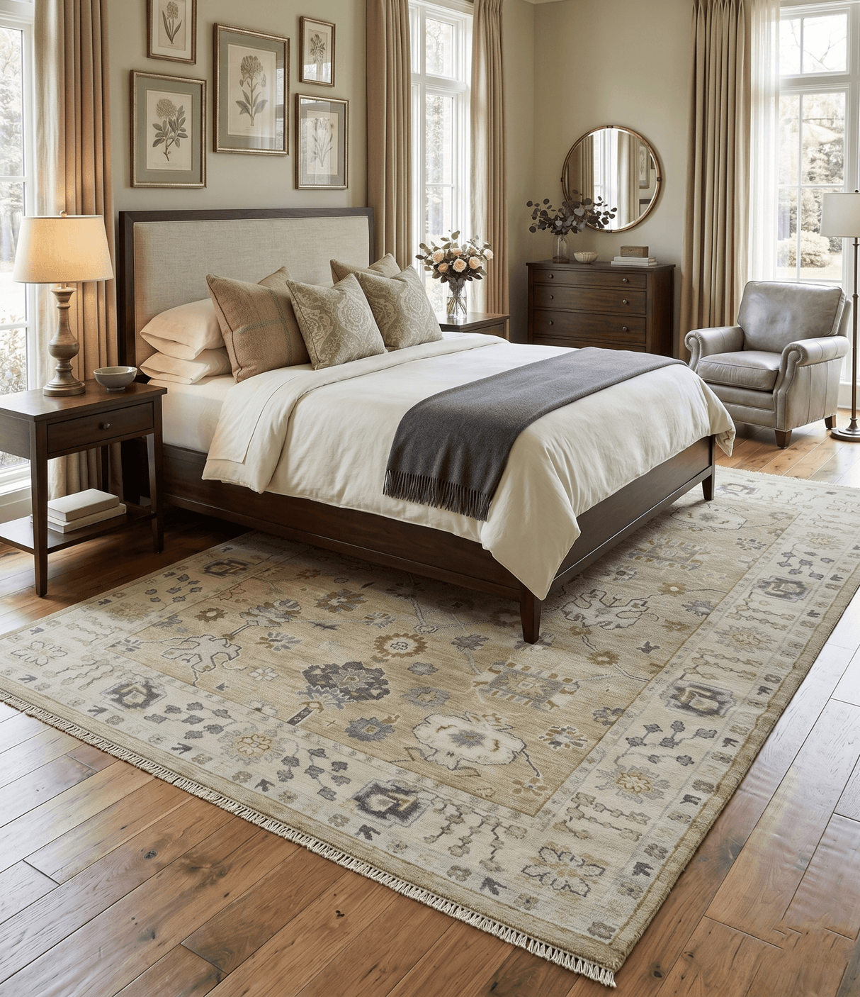 Hand Knotted Olive and Beige Traditional Oushak Multi Size Wool Area Rug