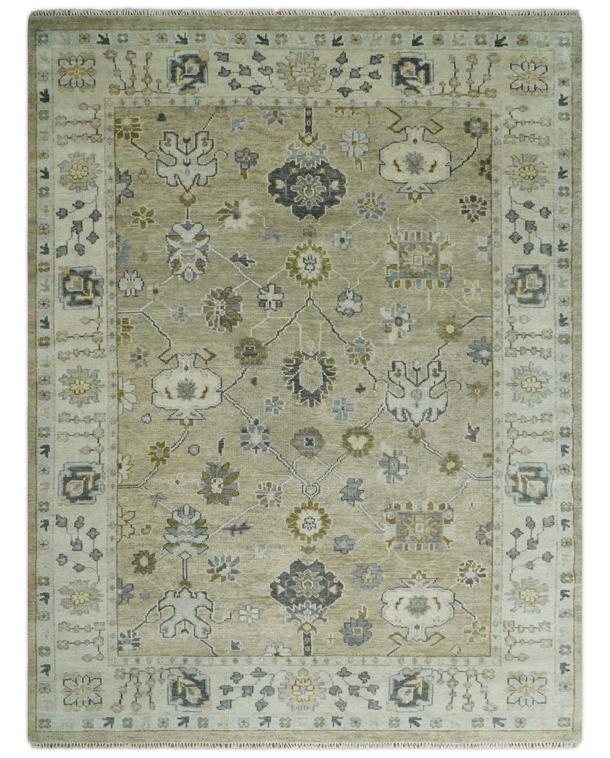 Hand Knotted Olive and Beige Traditional Oushak Multi Size Wool Area Rug