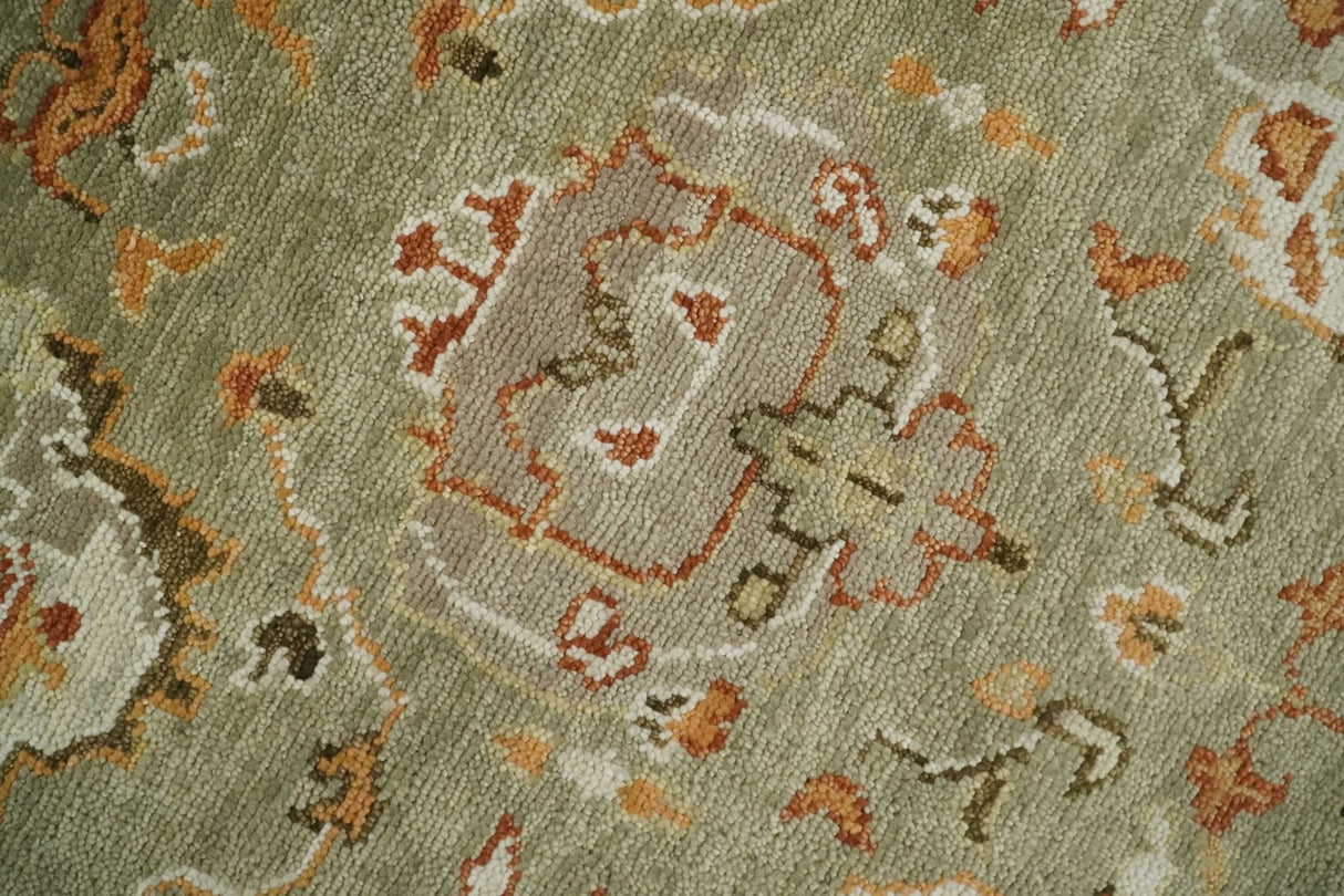 Hand Knotted Olive and Ivory Traditional Oushak Wool Rug