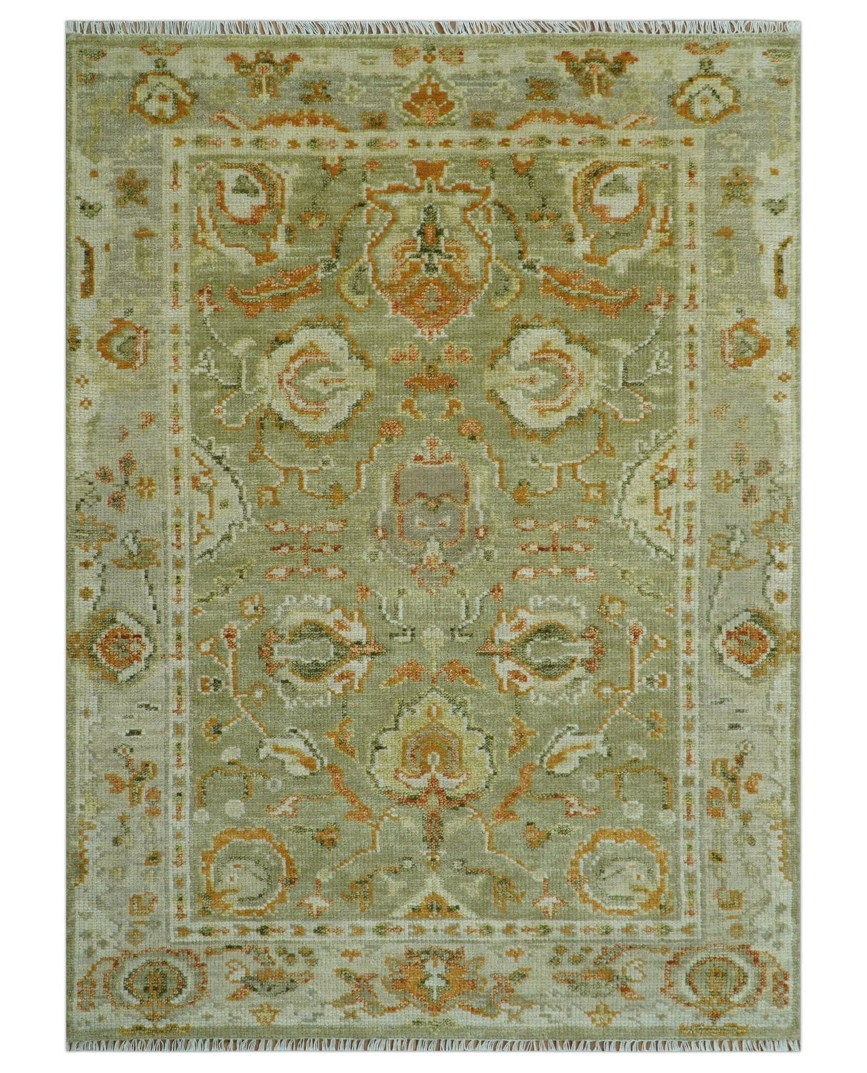 Hand Knotted Olive and Ivory Traditional Oushak Wool Rug