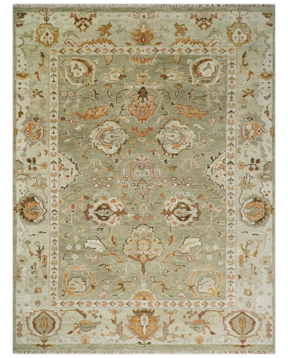 Hand Knotted Olive and Ivory Traditional Oushak Wool Rug