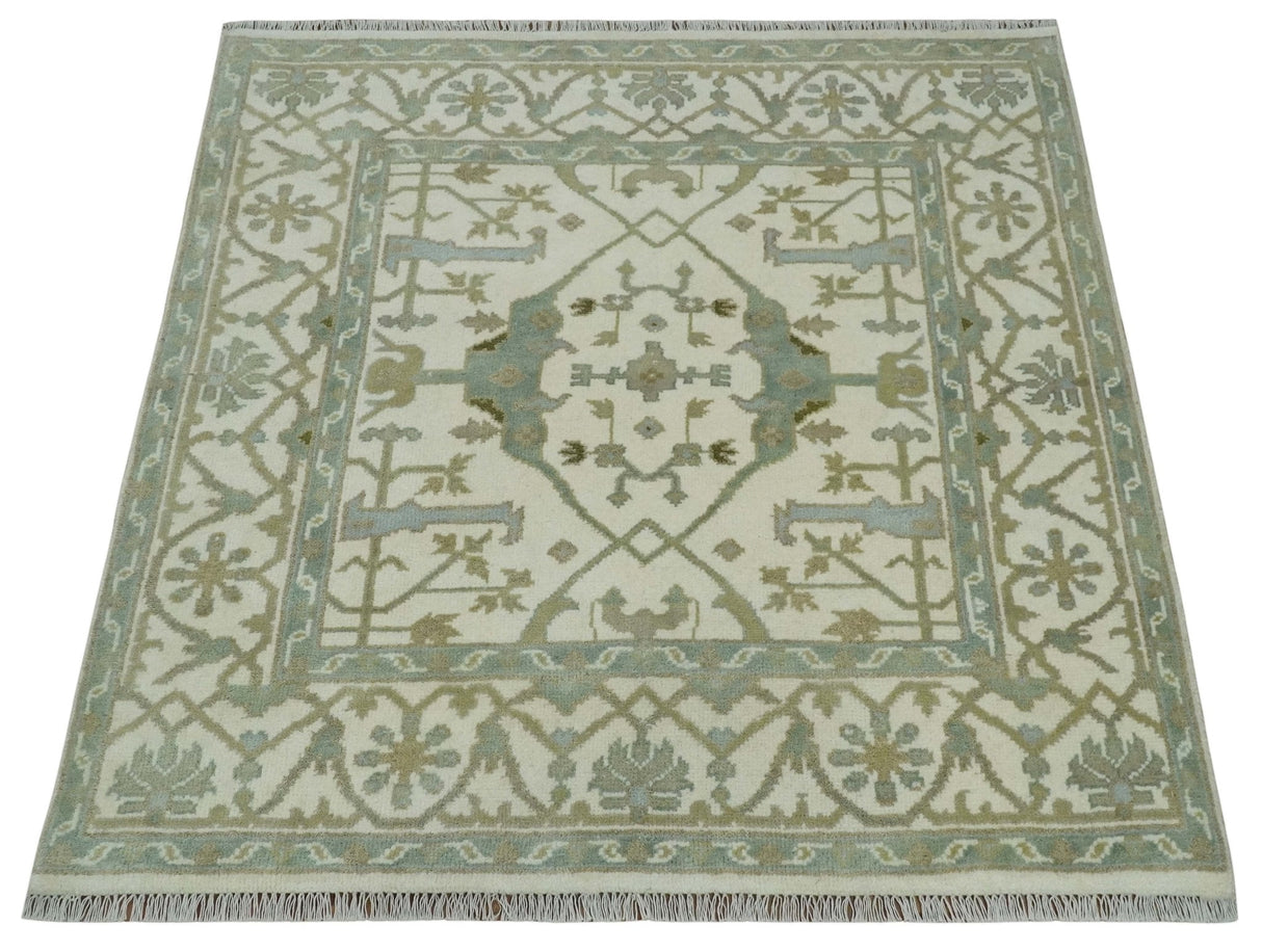 Hand Knotted Oriental Oushak Ivory and Teal Wool Area Rug