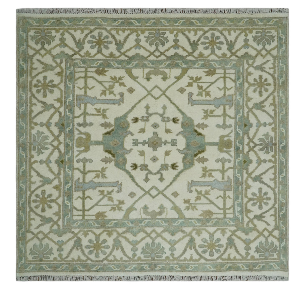 Hand Knotted Oriental Oushak Ivory and Teal Wool Area Rug