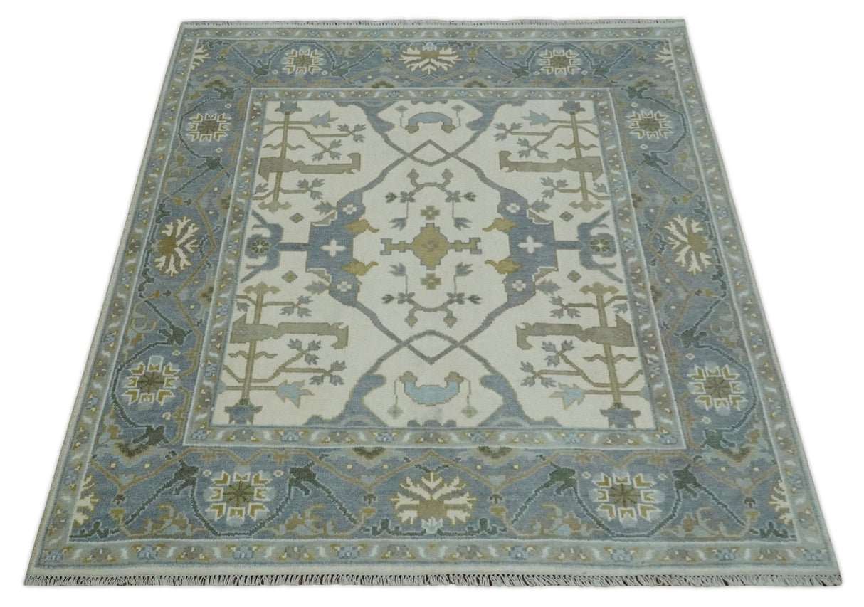 Hand Knotted Oriental Oushak Ivory, Charcoal and Beige Wool Area Rug